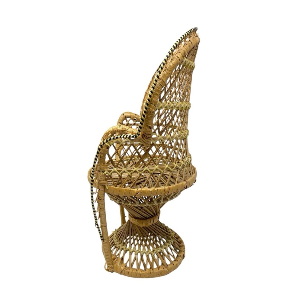 Vintage Wicker Rattan Peacock Fan Back Rattan Chair Doll Plant Stand Boho Decor - Picture 2 of 5